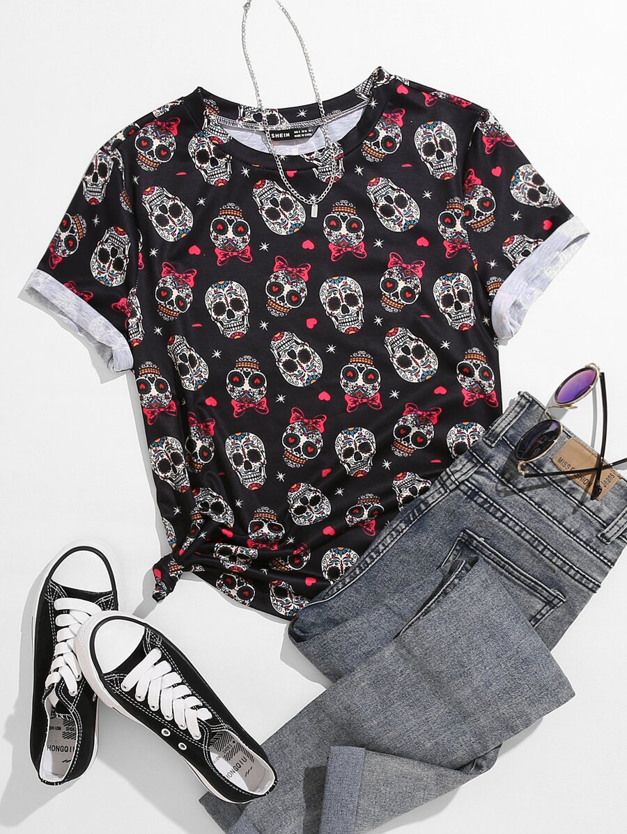 SHEIN LUNE Camiseta con estampado de cráneo y corazón - Multicolor - Ver 1