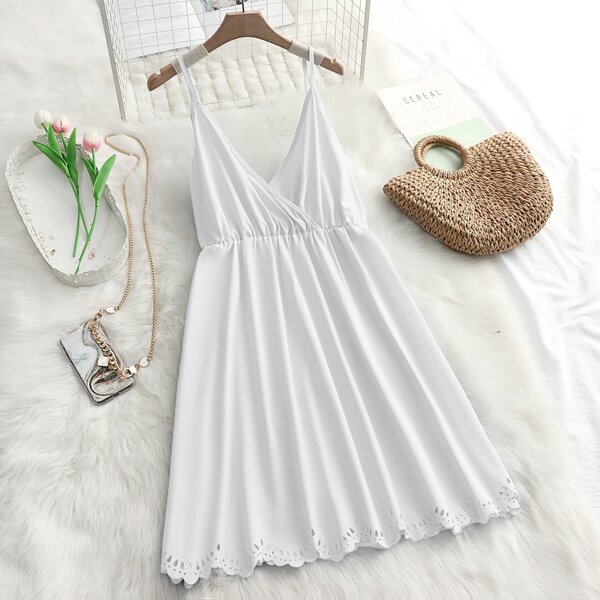 

Plus Solid Laser Cut Cami Dress, White