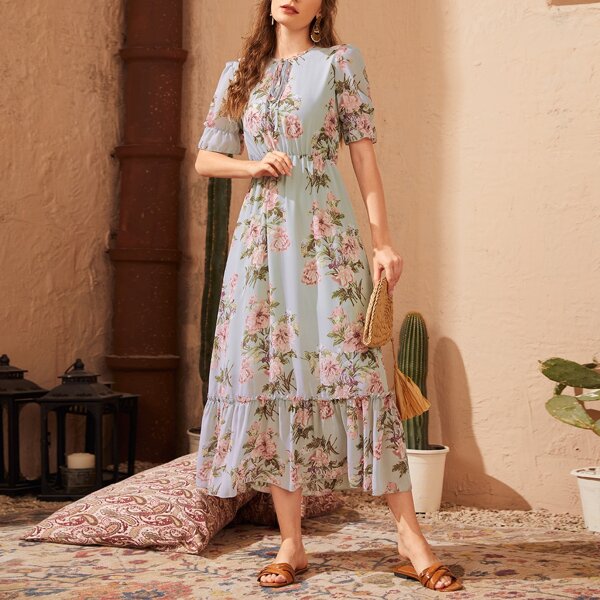 

Floral Print Tie Front Flounce Sleeve Dress, Multicolor