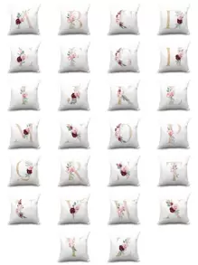 1pc Alphabet & Floral Print Cushion Cover Without Filler, Fabric Square Shaped Pillowcase For All Season - White - View 1