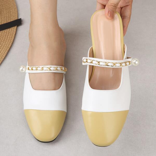 

Two Tone Pearls Decor Flat Mules, Multicolor