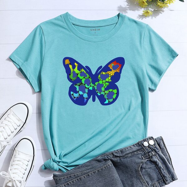 

Butterfly Print Crew Neck Tee, Mint blue