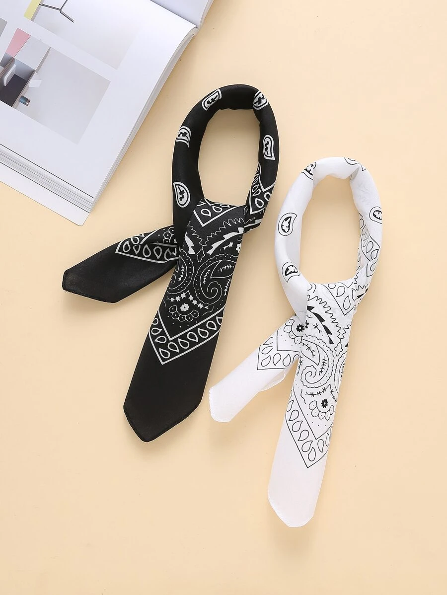 2pcs Paisley Print Solid Color Bandana Stylish Lightweight Head Wrap For Music Festival For Casual Weekend Wear Bandana,Hair Band,Head Band Ideal For Dressing Up Your Look - Black and White - View 1