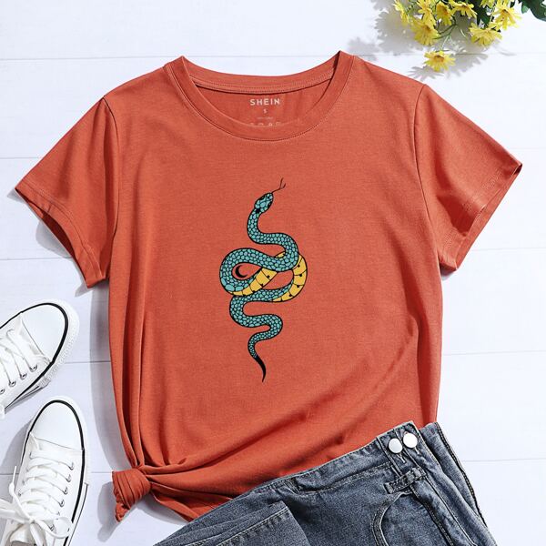 

Snake Print Crew Neck Tee, Burnt orange