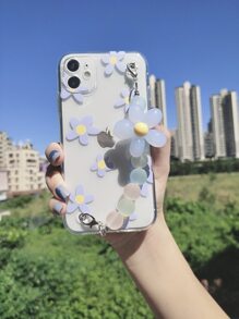 Flower Pattern Phone Case With Flower Decor Beaded Hand Strap