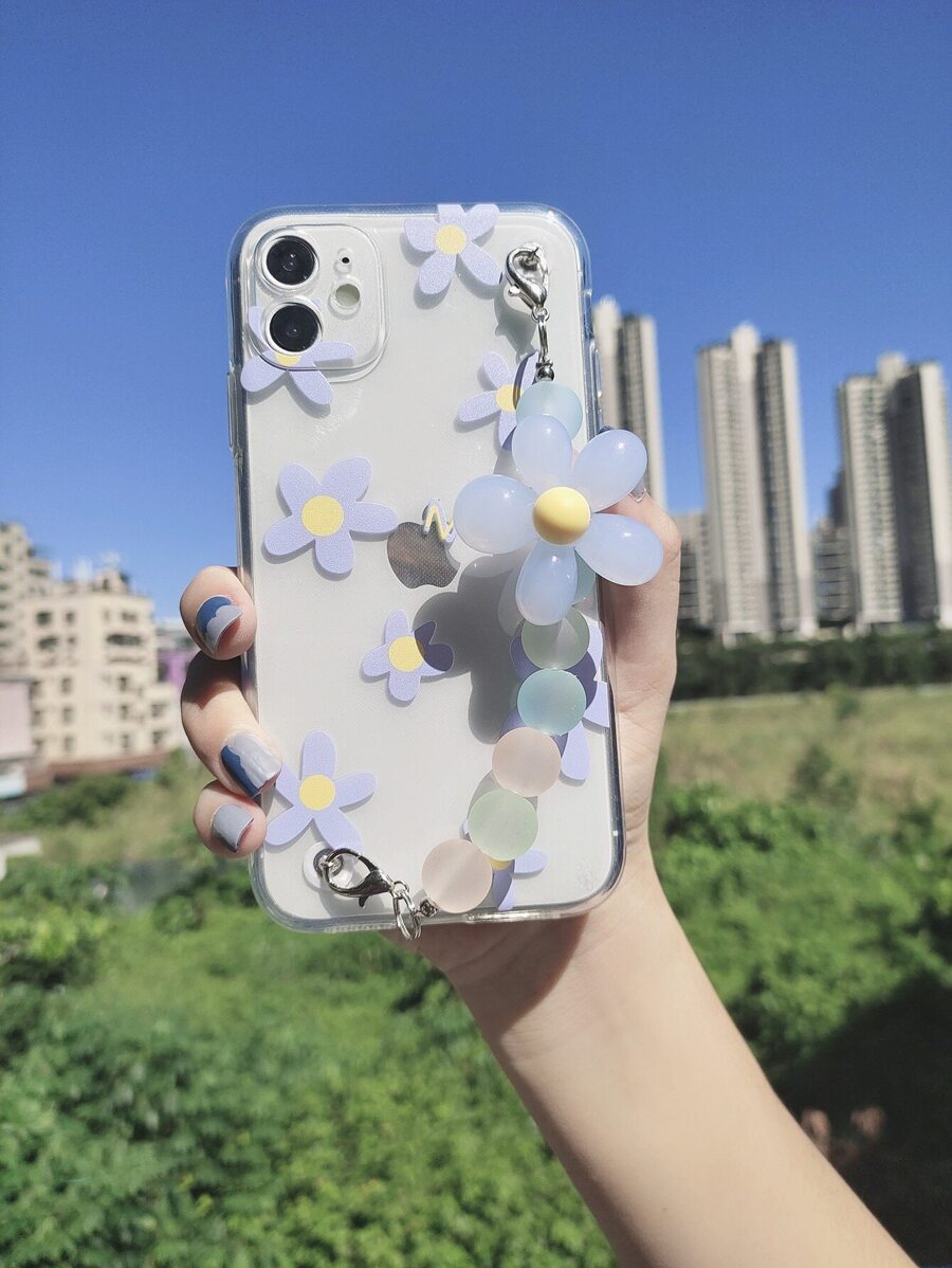 Flower Pattern Phone Case With Flower Decor Beaded Hand Strap