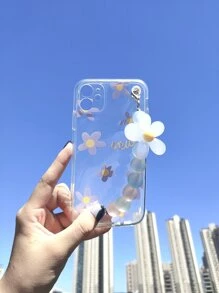 Flower Pattern Phone Case With Flower Decor Beaded Hand Strap