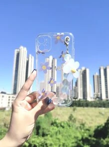 Flower Pattern Phone Case With Flower Decor Beaded Hand Strap