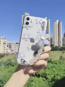 Flower Pattern Phone Case With Flower Decor Beaded Hand Strap