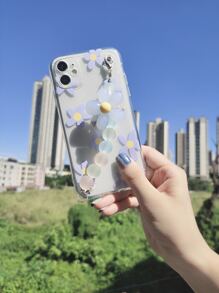 Flower Pattern Phone Case With Flower Decor Beaded Hand Strap