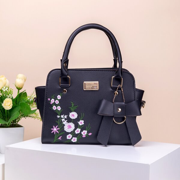 

Flower Embroidered Bow Decor Satchel Bag, Black