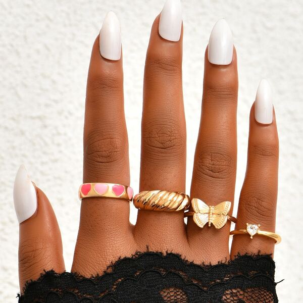 

4pcs Butterfly & Heart Decor Ring, Gold