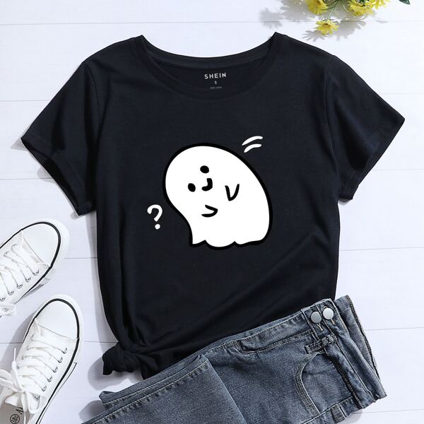 

Cartoon Graphic Crew Neck Tee, Black