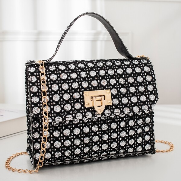 

Sequin Decor Satchel Bag, Black