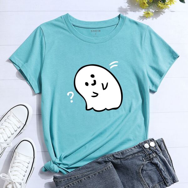 

Cartoon Graphic Crew Neck Tee, Mint blue