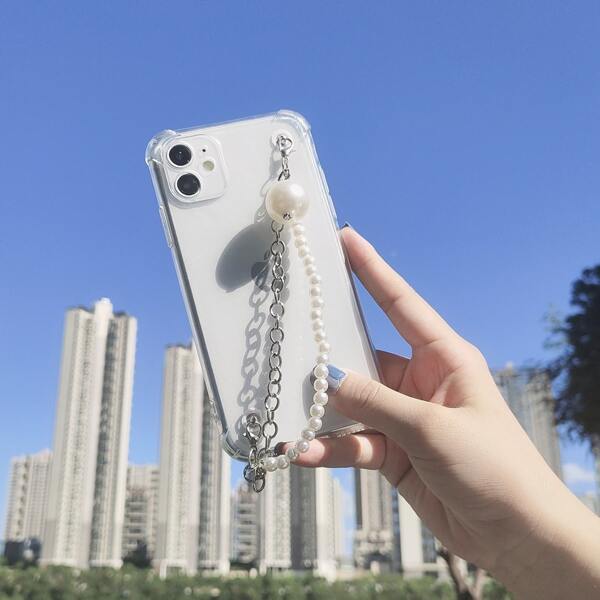 

Clear Phone Case With Faux Pearl Hand Strap, Multicolor