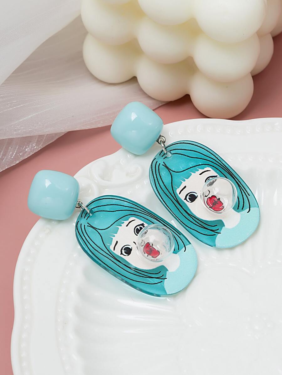 Cartoon Girl Pattern Acrylic Earrings - Blue - View 1