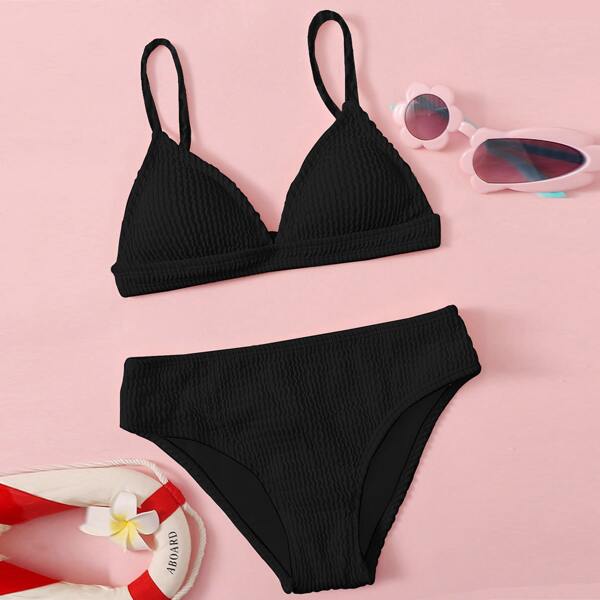 

Girls Textured Triangle Bikini Swimsuit, Black