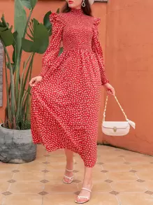 Ditsy Floral Ruffle Neck Dress - Red - View 1