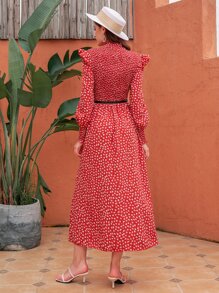Ditsy Floral Ruffle Neck Dress - Red - View 2