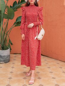 Ditsy Floral Ruffle Neck Dress - Red - View 3