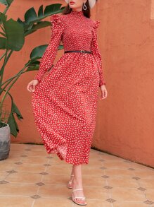 Ditsy Floral Ruffle Neck Dress - Red - View 5