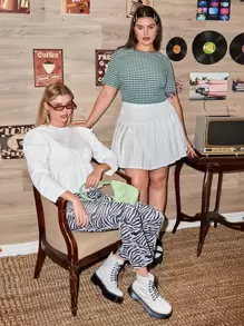 SHEIN Qutie 大碼泡泡袖後鎖孔花邊下擺上衣 - 白色 - 查看 1