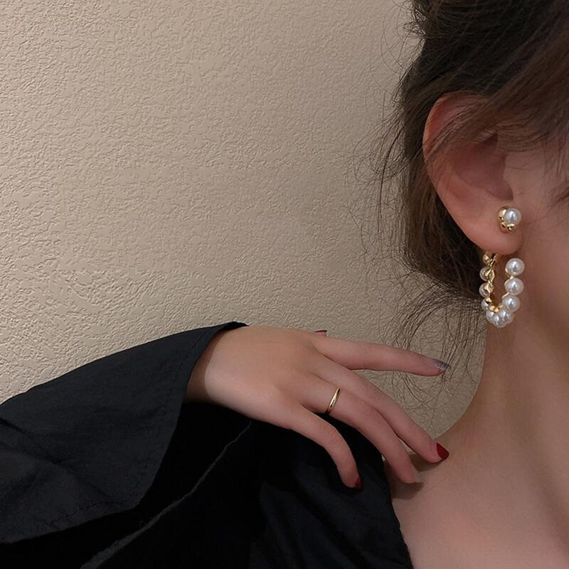 

Faux Pearl Hoop Earrings, Gold