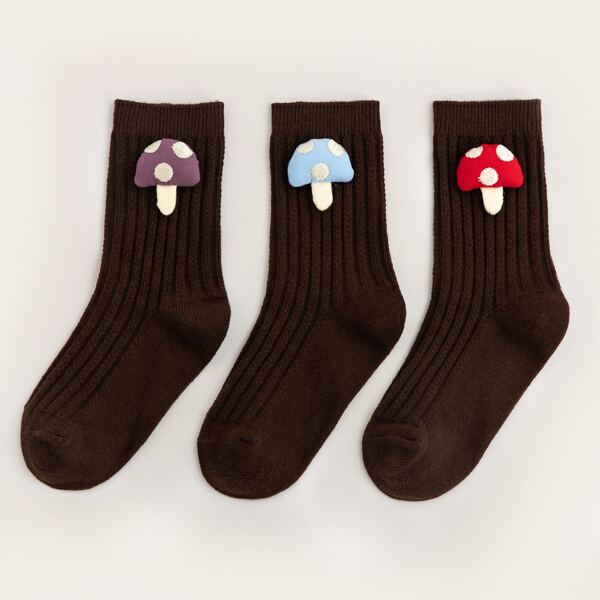 

3pairs Toddler Kids Cartoon Mushroom Decor Socks, Brown