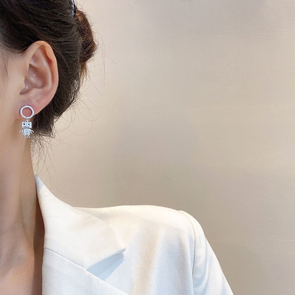 

Rhinestone Robot Drop Earrings, Silver