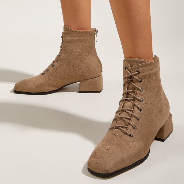 

Lace-up Decor Back Zipper Ankle Boots, Khaki