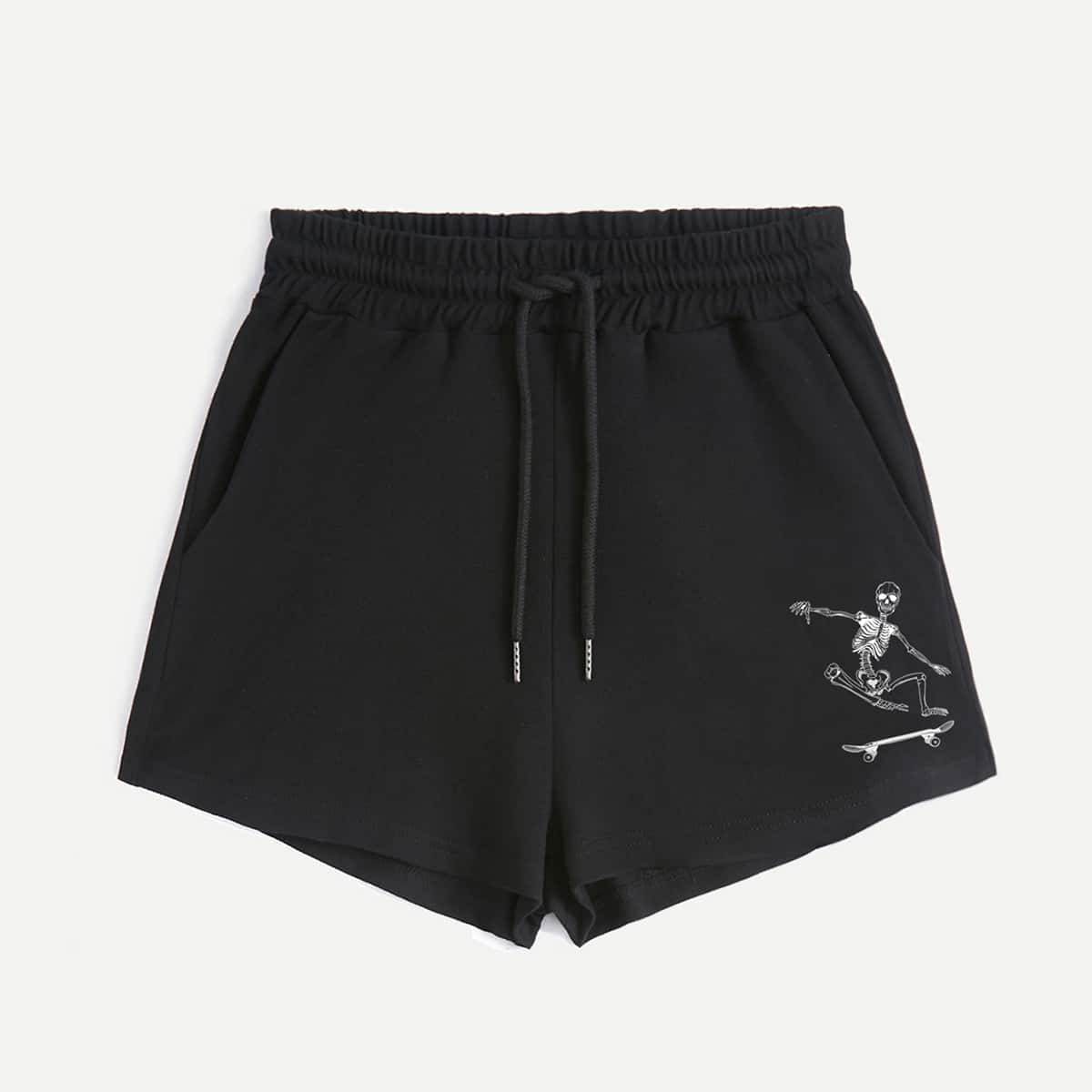 

Skeleton Print Drawstring Shorts, Black