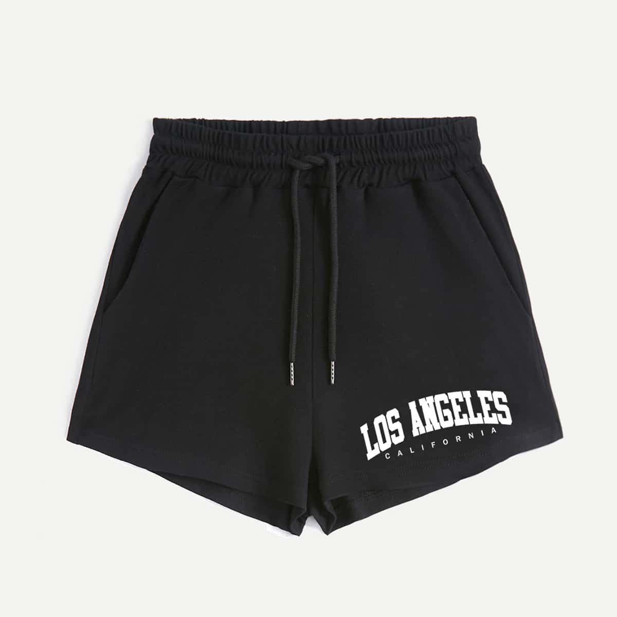 

Letter Graphic Drawstring Shorts, Black