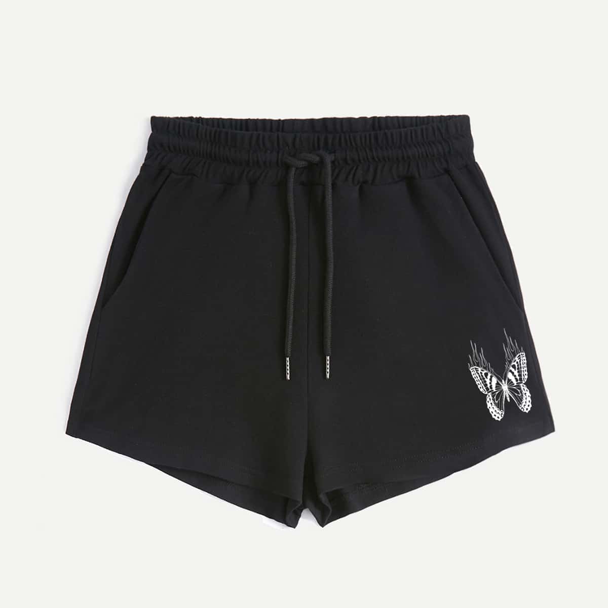 

Butterfly Print Drawstring Shorts, Black