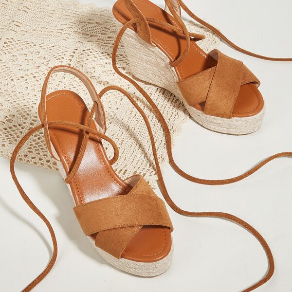 

Minimalist Tie Leg Wedge Sandals, Brown
