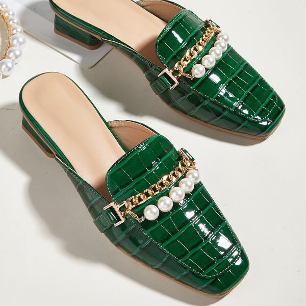 

Croc Embossed Metal & Faux Pearl Decor Mules, Green