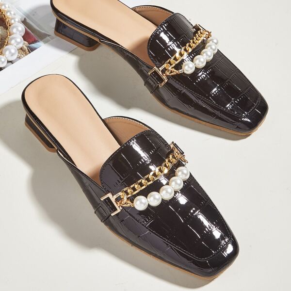 

Croc Embossed Faux Pearl Decor Flat Mules, Black