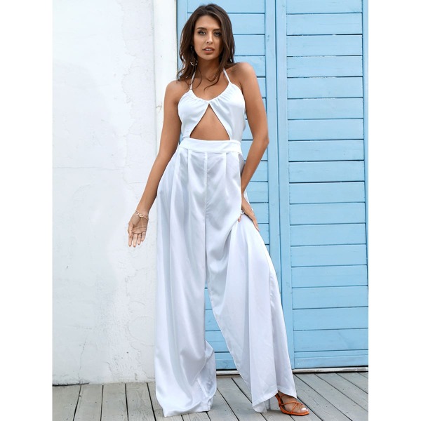 

Open Back Satin Halter Jumpsuit, White