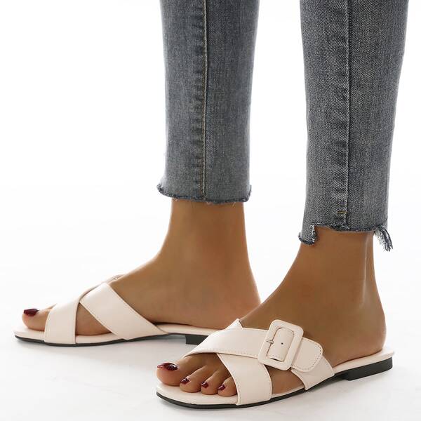 

Buckle Cross Strap Slide Sandals, Beige