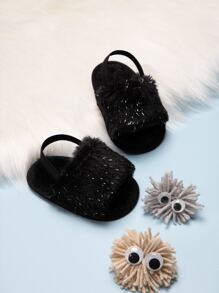 女嬰毛茸茸後提帶涼鞋 - 黑色 - 查看 2