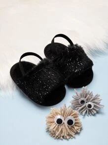 女嬰毛茸茸後提帶涼鞋 - 黑色 - 查看 4