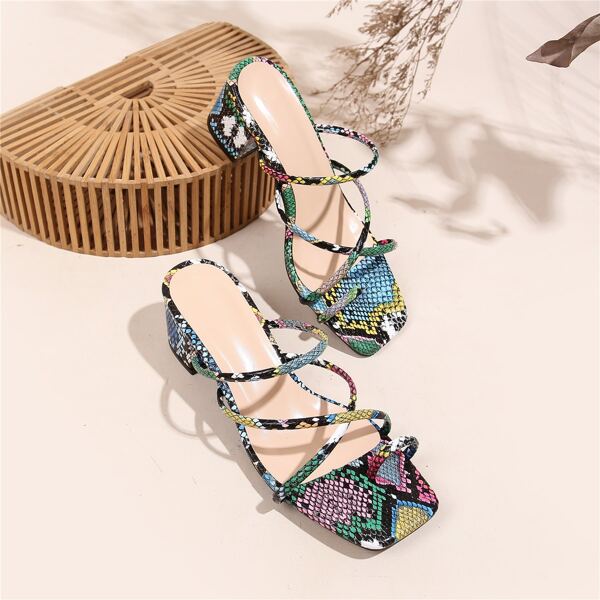 

Snakeskin Pattern Cross Strap Chunky Heeled Thong Sandals, Multicolor