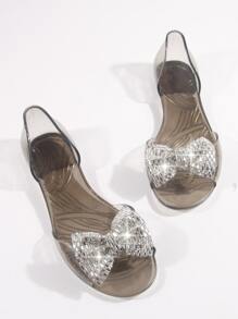 學院戶外一腳蹬涼鞋適用於女士透明蝴蝶結裝飾果凍露趾平底涼鞋 - 無色 - 查看 4