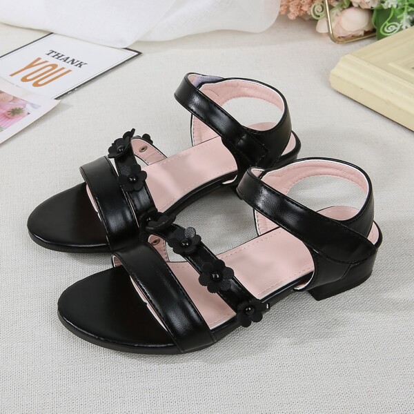 

Girls Minimalist Flower Appliques Slide Sandals, Black