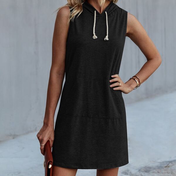 

Solid Drawstring Hooded Tank Dress, Black