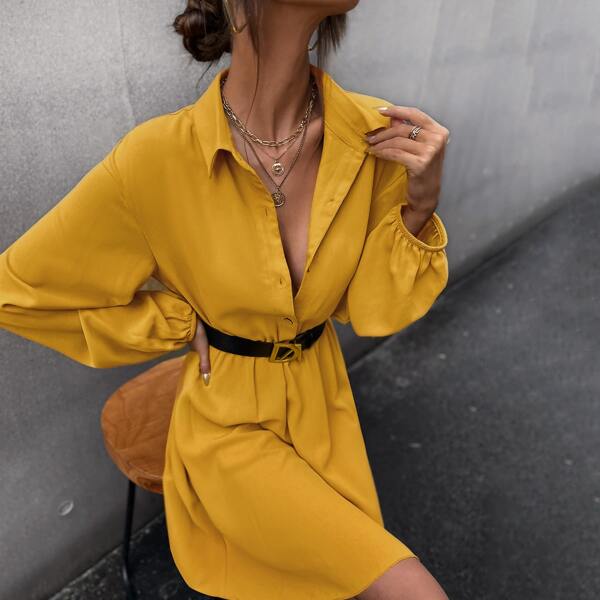 

Half Button Bishop Sleeve Shirt Dress Without Belt, Yellow