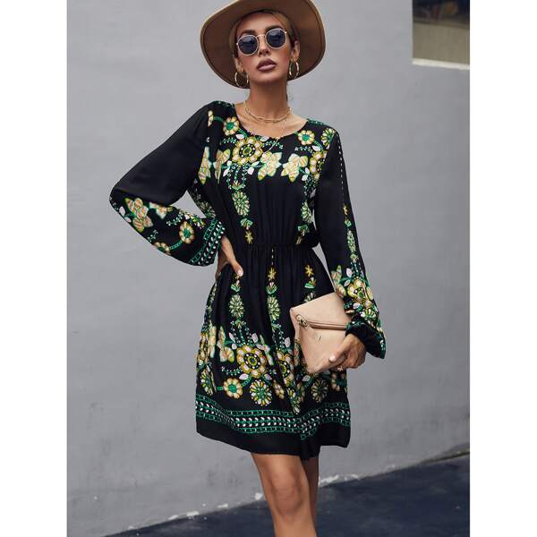 

Floral Print Elastic Waist A-line Dress, Multicolor