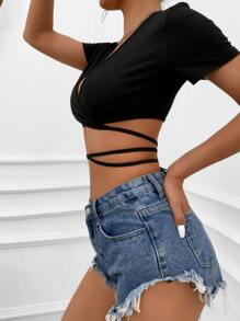 SHEIN Unity Áo nữ Hội Chữ thập Buộc lại màu trơn Gợi cảm - màu đen - Xem 3