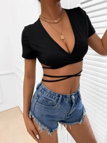 SHEIN Unity Áo nữ Hội Chữ thập Buộc lại màu trơn Gợi cảm - màu đen - Xem 4