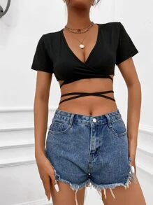 SHEIN Unity Áo nữ Hội Chữ thập Buộc lại màu trơn Gợi cảm - màu đen - Xem 6